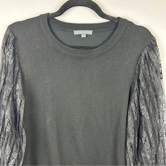 Adrianna Papell Lace Balloon Sleeve Round Neck Top Large Black - Picture 3 of 11